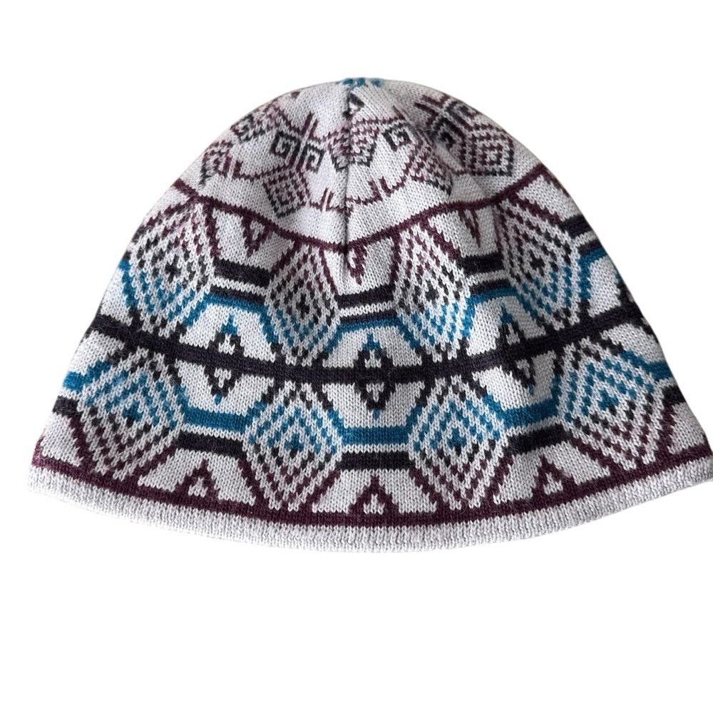 COLUMBIA Unisex Vintage Fair Isle Wool Blend Knit Beanie Toque Grey Blue Maroon - Picture 2 of 12